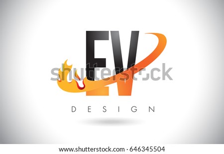 EV E V Letter Logo Design with Fire Flames and Orange Swoosh Vector Illustration.