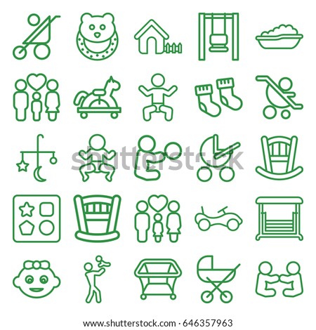Kid icons set. set of 25 kid outline icons such as baby, bed mobile, bike, from toy for beach, house, playpen, swing, family