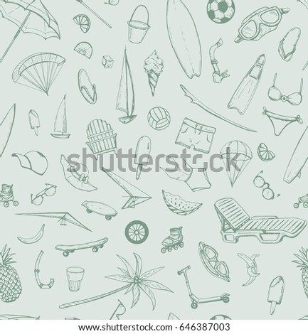 hand drawn vector seamless pattern with summer theme: beach, sea, bicycle, swimsuit, diving, serfing