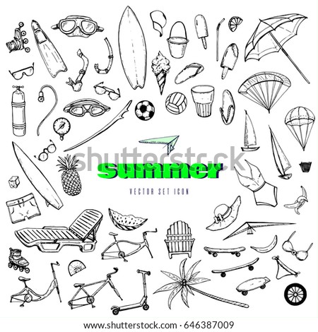 hand drawn vector set of icon on summer theme: beach, sea, bicycle, swimsuit, diving, serfing