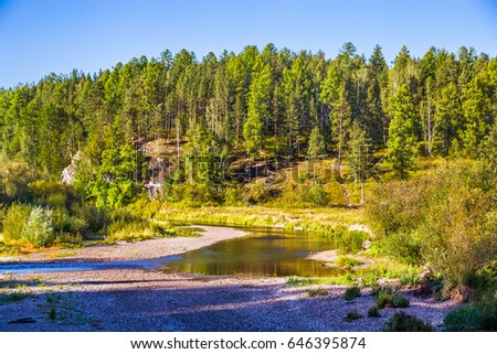 Journey on foot through uncharted roads of a national Park. Summer in the forest. Panorama of the natural landscape. The bend of the river and wild nature of Russia. Blue sky.