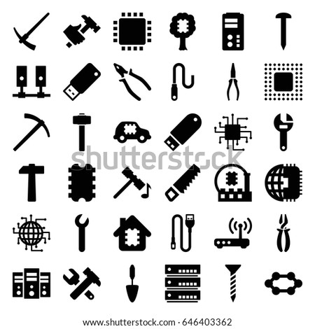 Hardware icons set. set of 36 hardware filled icons such as hammer, saw, nail, screw, wrench, hummer and wrench, pliers, hummer, trowel, garden hammer, flash drive, wire