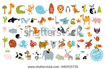 Big vector set of animals. cow, dog, alligator, bear, panda, penguin, octopus, koala, cartoon characters, zebra, animal logo, camel, fox, pig, deer, monkey, rabbit, woolf, giraffe, whale, palm