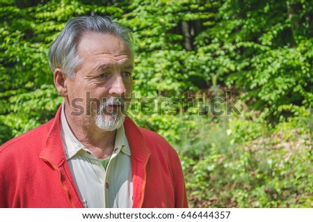 Portrait of a handsome senior man in bright sweater in the forest thinking and looking far away. Serious senior man with gray hair and beard. Horizontal image.