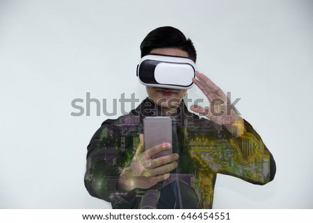 Men with virtual glasses, future technology concepts
