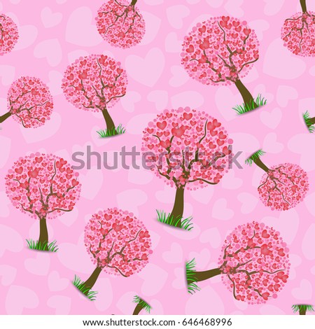 Vector Heart Tree Pattern Isolated on Pink Background