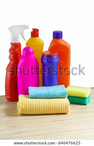 Cleaning products for home cleaning on a white background