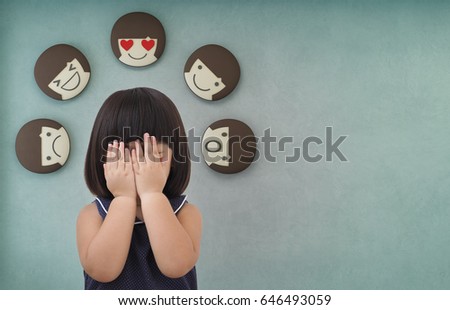 Asian child girl with green concrete wall background, Feelings and emotions of kid - Icons 3d rendering