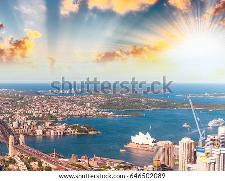 Sydney aerial view of Darling Harbour at sunset.