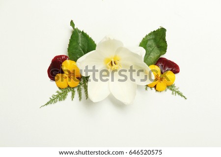 Floral composition of different beautiful flowers and green leaves on white background