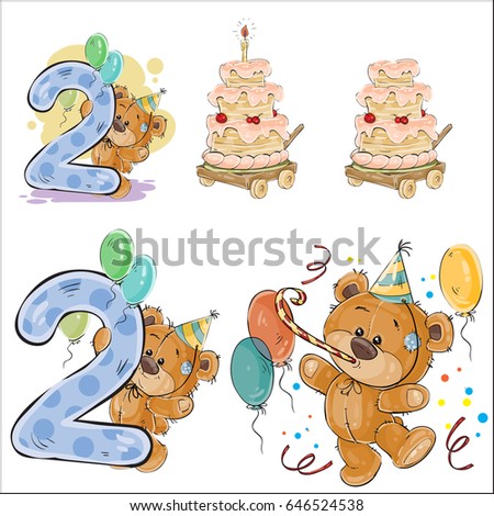 Set of vector illustrations with brown teddy bear, birthday cake and number 2, prints, templates, design elements for greeting cards, invitation cards, postcards