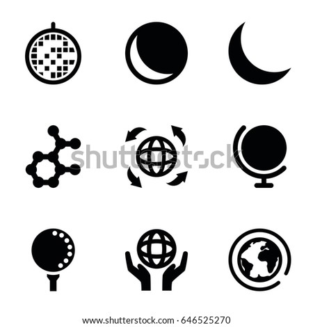 Sphere icons set. set of 9 sphere filled icons such as holding globe, globe, crescent, disco ball, golf ball, atom, planet
