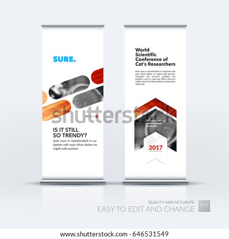 Abstract business vector set of modern roll Up Banner stand design template with red rounded rectangles for tech, market, exhibition, show, expo, presentation, parade, events.