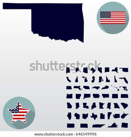 Map of the U.S. state of Oklahoma on a white background. American flag, star