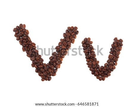 Letter V made of coffee beans, isolated on white. Concepts: alphabet, logo, creative, coffee, hand made, words, symbols.