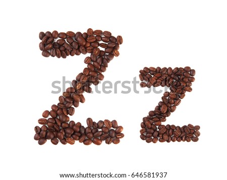 Letter Z made of coffee beans, isolated on white. Concepts: alphabet, logo, creative, coffee, hand made, words, symbols.