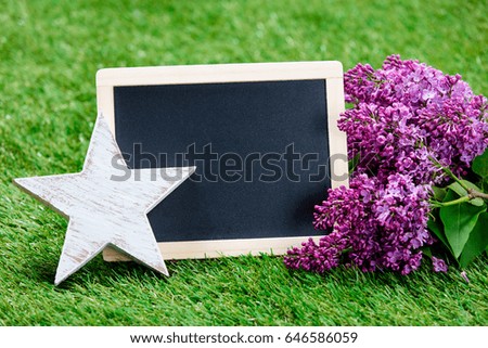 photo of blackboard, star shaped toy and bouquet of lilac on the wonderful green grass background