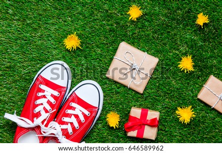 photo of beautiful gumshoes and cute gifts on the wonderful grass with dandelions background