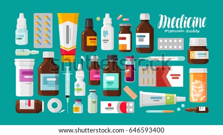 Medicine, pharmacy, hospital set of drugs with labels. Medication, pharmaceutics concept. Vector illustration Royalty-Free Stock Photo #646593400