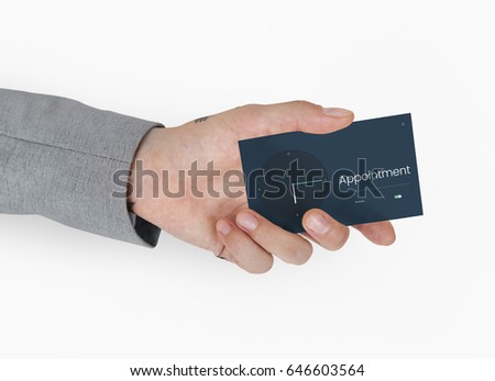 Hand holding business card with time and clock icon