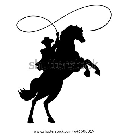 Cowboy silhouette with rope lasso on horse vector illustration isolated on white background for rodeo western design