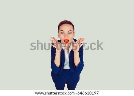 Wow. Close up portrait young woman beautiful girl with short hair looking excited holding her mouth opened, hands near face isolated light green wall. Shocked surprised stunned. Positive human emotion