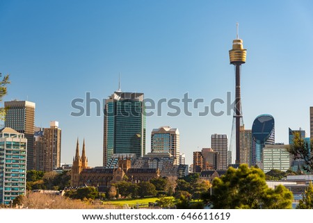 Panoramic view on Sydney CBD, Central Business District skyline with Sydney tower and St Mary Cathedral. Sydney, Australia