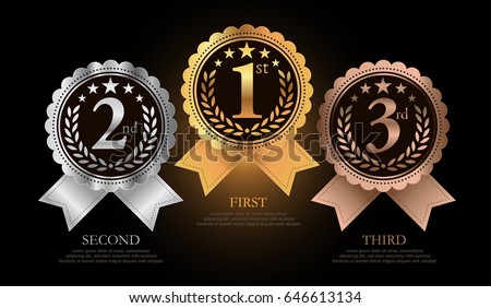 1st, 2nd, 3rd Sports awards three medals, gold, silver and bronze isolated on a black background Royalty-Free Stock Photo #646613134