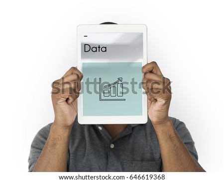 Man holding network graphic overlay digital device 