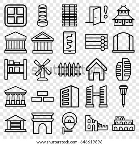 Architecture icons set. set of 25 architecture outline icons such as house building, window, fence, building, wooden wall, court, coliseum, mill, brick wall, arc de triomphe