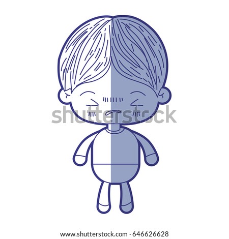 blue shading silhouette of kawaii little boy with facial expression angry with closed eyes vector illustration