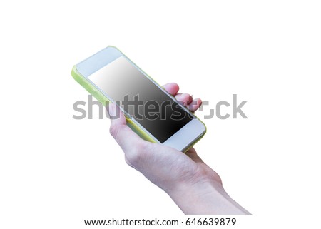 hand holding blank mobile smart phone isolated on white background