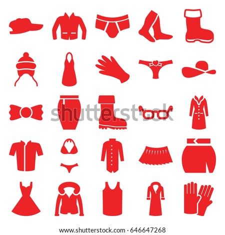 Wear icons set. set of 25 wear filled icons such as boot, baby cap, glove, gloves, socks, man underwear, dress, singlet, jacket, skirt, overcoat, bow tie, panties with heart