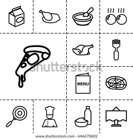 Dinner icon. set of 13 outline dinnericons such as porridge, pizza, drink and food, chicken, fork, take away food, restaurant table, chef, menu, meat