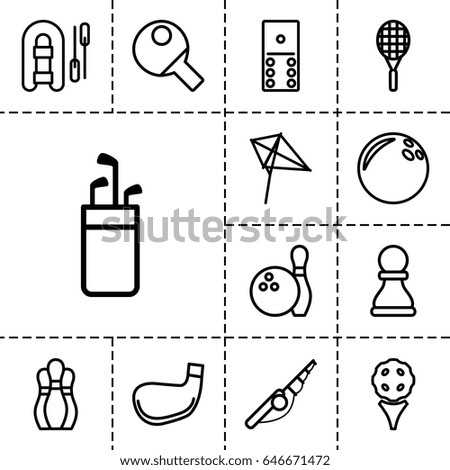 Hobby icon. set of 13 outline hobbyicons such as kite, tennis rocket, chess pawn, bowling, golf stick, table tennis, domino, bowling ball, fishing rod, inflatable boat, golf