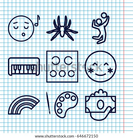 Set of 9 color outline icons such as spider, piano toy, eye test, volleyball player, blush, emoji listening music, rainbow, money in hand