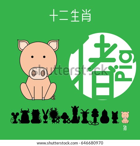 Chinese zodiac sign pig with Chinese character "pig"