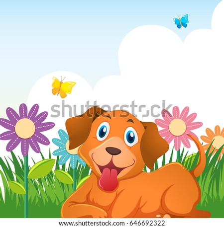Cute dog in flower garden illustration