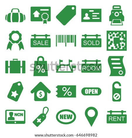 Tag icons set. set of 25 tag filled icons such as do not disturb, badge, ribbon, camera printing photo, house sale, bill of house sell, open, sport bag, suitcase, location pin