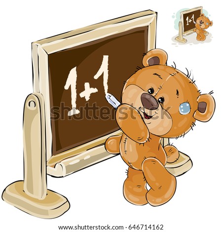 Vector illustration of a brown teddy bear is standing by the blackboard and is writing on it with chalk mathematical calculations. Print, template, design element