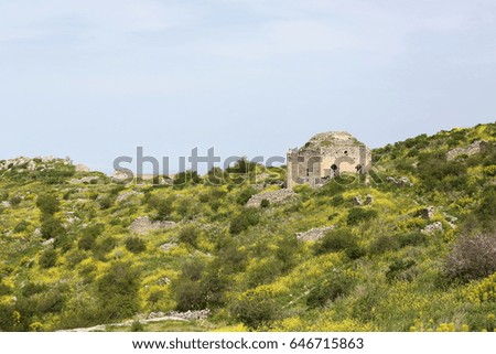 Medieval fortress Acrocorinth on a sunny spring day, Peloponnese, Greece