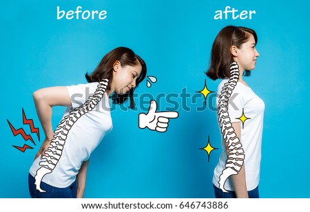 Good posture and bad posture, woman's body silhouette and backbone, chiropractic before after concept