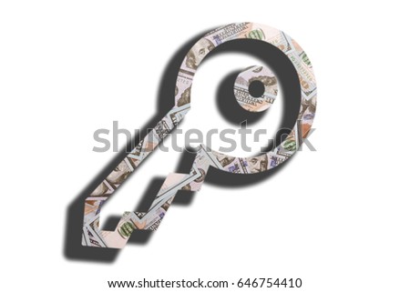 Symbol of a key on a background of money dollars of banknotes. Concept of buying or renting a house. Realtor, business.