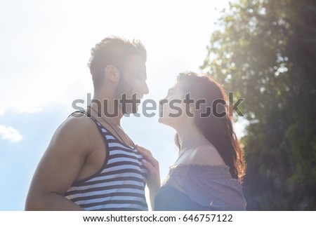 Couple Happy Smiling Blue Sky Sunshine, Beautiful Young People In Love, Man And Woman Embracing Summer Vacation Holiday Travel
