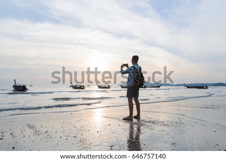 Man Beach Summer Vacation, Young Guy Take Photo Sunset Back Rear View Sea Ocean Holiday Travel
