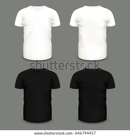 Set of men's white and black t-shirts in front and back views. Volumetric vector template. Realistic shirts mockup used for advertising labels, logo, emblem design or textile goods, for websites.