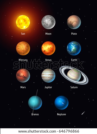 Vector set of Solar System objects: Sun, Moon, Pluto and Planets on space background