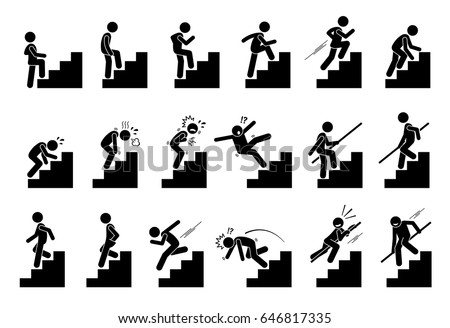 Man with Staircase or Stairs Pictogram. Cliparts depict various actions of a person with stairs.  Royalty-Free Stock Photo #646817335