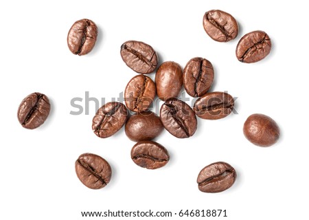 roasted coffee beans on white, top view Royalty-Free Stock Photo #646818871