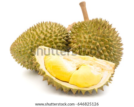 Durian is a fruit that has been referred to as the king of fruits of South East Asia. Durian on white background. Royalty-Free Stock Photo #646825126